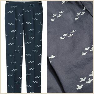 Sz XL Uniqlo Womens Satin Ankle Pant Block Repeat Pattern of Birds Blue White